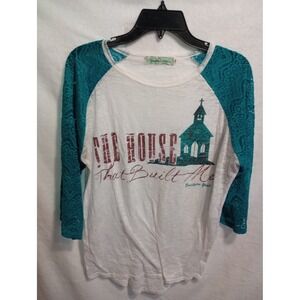 Southern Grace Womens 2XL‎ White Teal Lace Sleeve Church Graphic T-Shirt